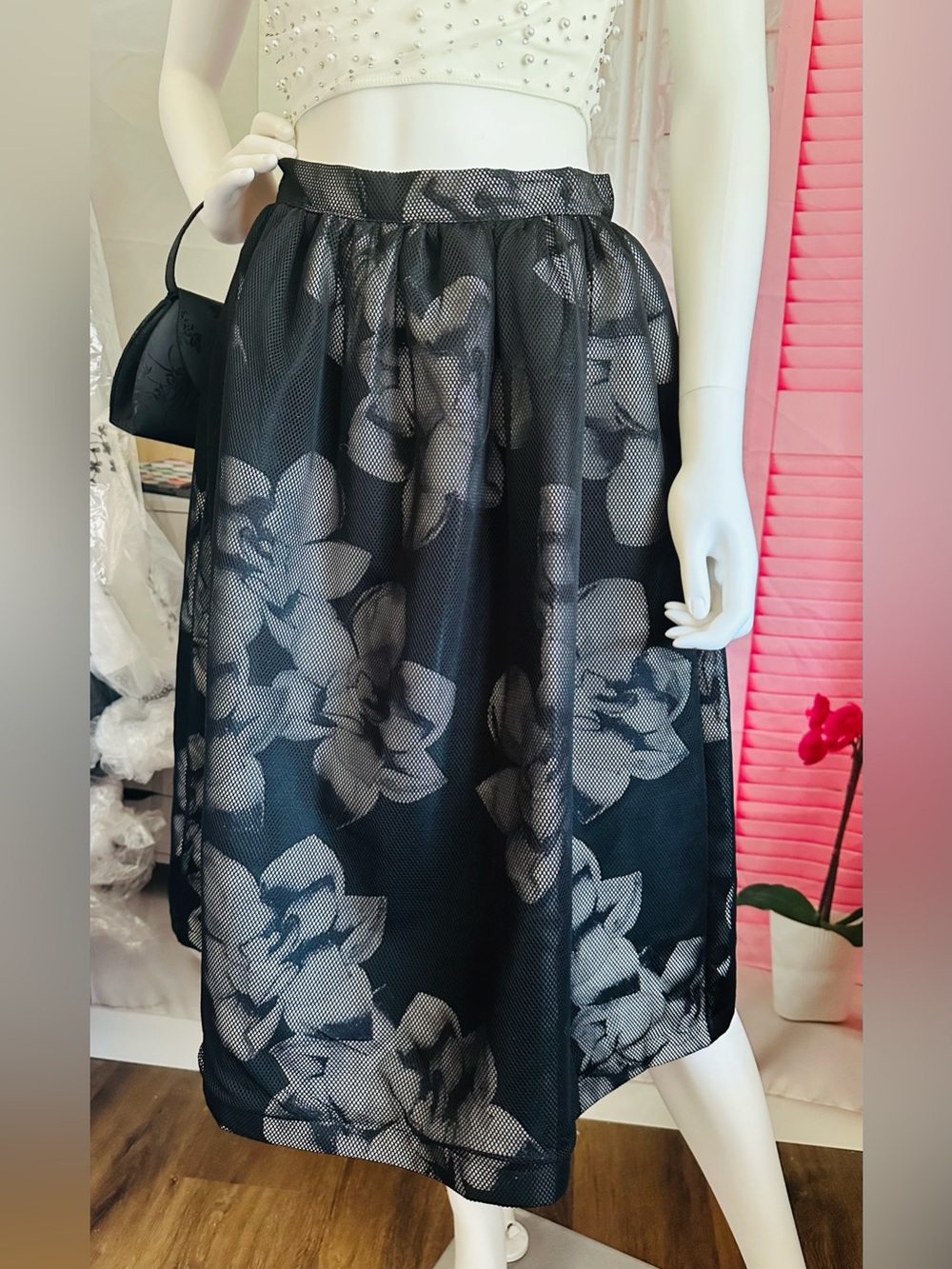 Forever 21 Black Mesh Floral Midi Skirt